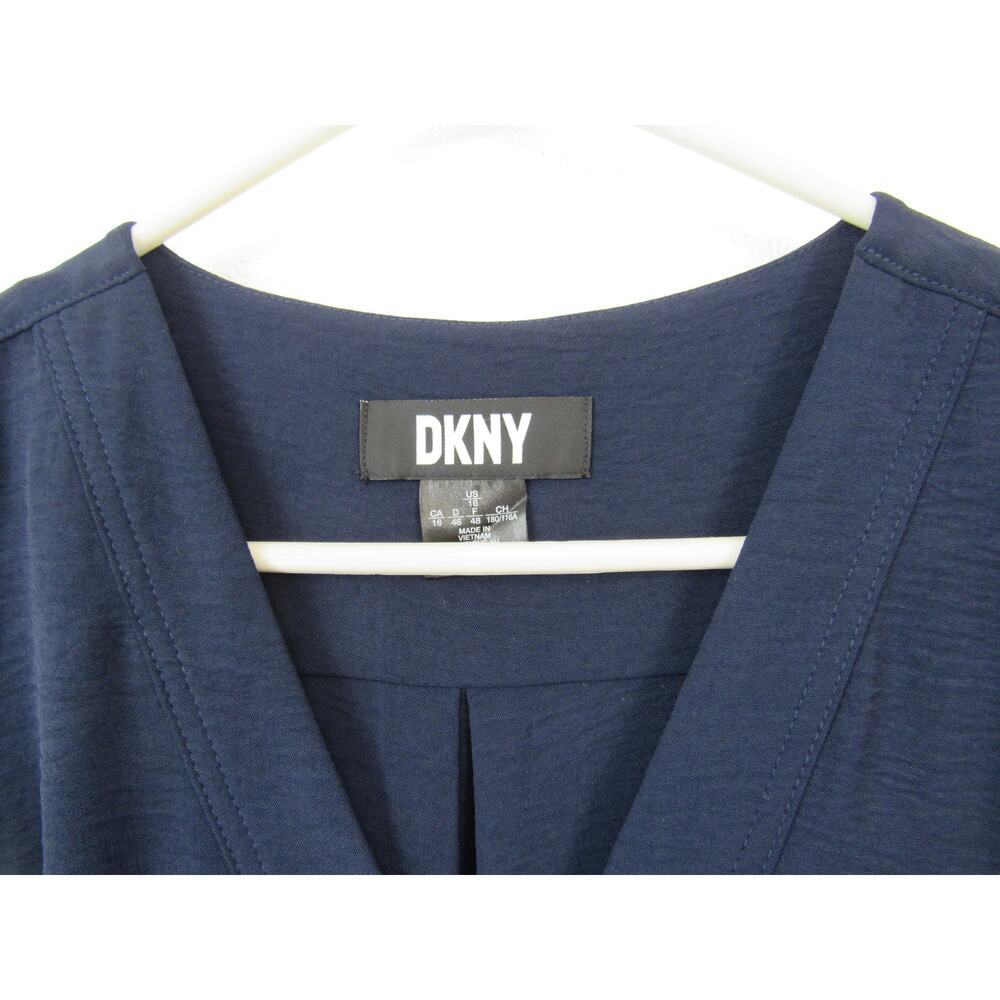 DKNY Size 16 Sleeveless Navy Blue Button Down Shirt Dress Mini Belted V Neck - Picture 2 of 8